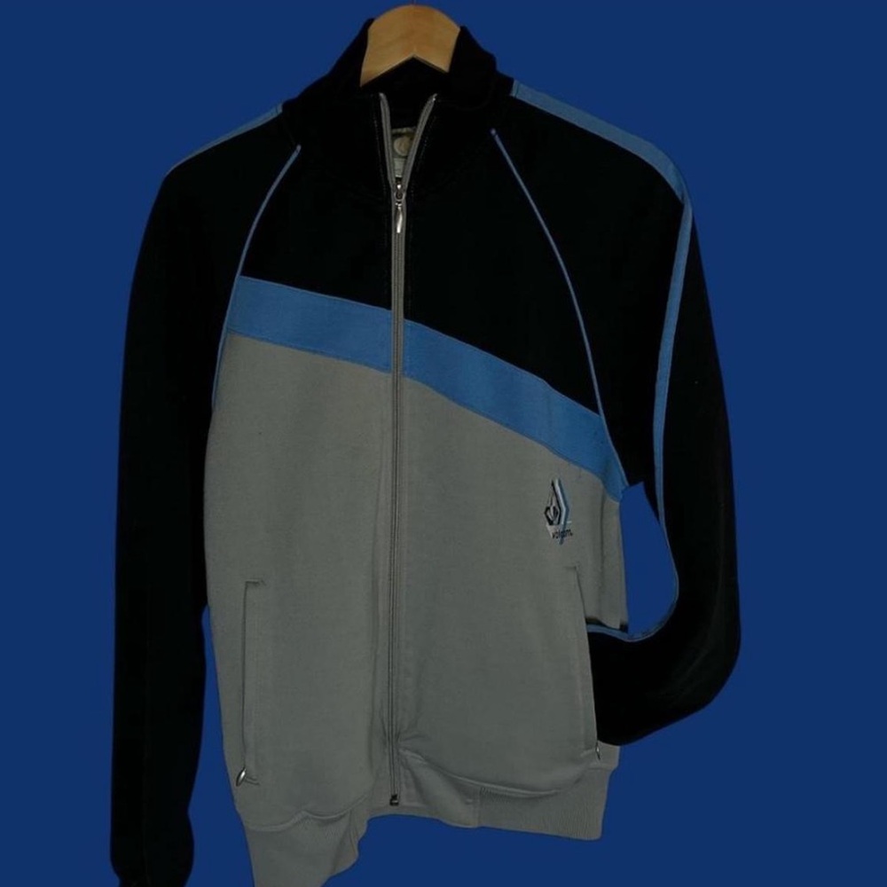 Vintage volcom track  Men's XL Black and Gray Zip-Up Sweater with Blue Stripe
